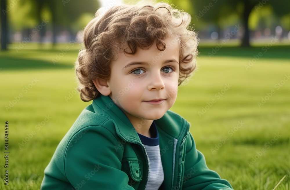 Wall mural nice portrait of a little smiling boy with curly hair and brown eyes, looking at camera