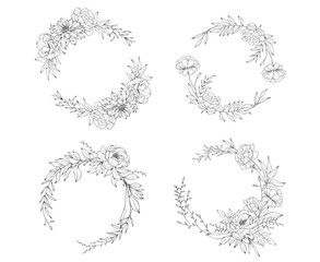 Vector set of elegant floral wreaths with peony flowers, branches and leaves, hand drawn wedding card design, botanical borders, hand drawn line art floral illustration