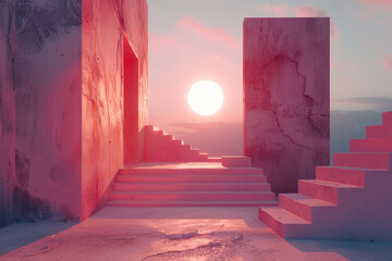 Surreal pink sunset over minimalist architectural structures