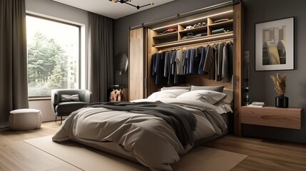 A minimalist bedroom with a hidden closet behind a sliding panel
