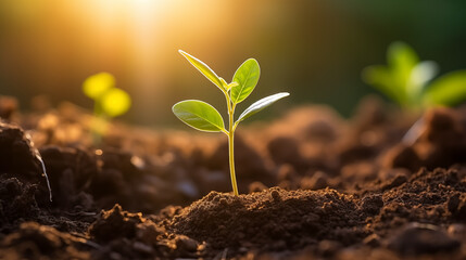 Green plant grows in soil, concept growth of sprouts and agriculture, back light background