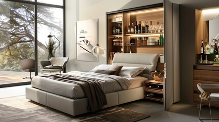 A modern bedroom with a built-in, modular storage system and a hidden minibar
