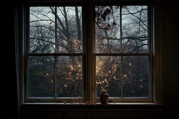 Tranquil scene captured through a window, showcasing the harmony of indoor warmth and the dusky outdoors