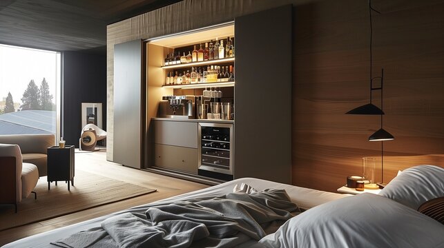 A modern bedroom with a built-in, modular storage system and a hidden minibar