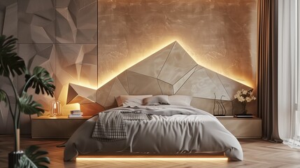 A modern bedroom with a geometric headboard and ambient backlighting
