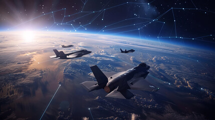 F-35 Aircraft soaring high above Earth in sunset atmosphere