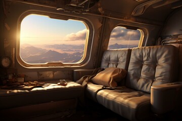 Warm and comfortable airplane seat with a stunning mountain view through the window at sunset