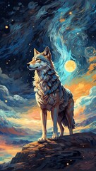 Obraz premium Illustration of a wolf on the background of the moon and stars. Generative AI.