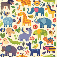 Naklejka premium kids room animals, hand-drawn tiled patterns and textures, repeatable tiling shapes for fashion, fabric, design backgrounds, and more.