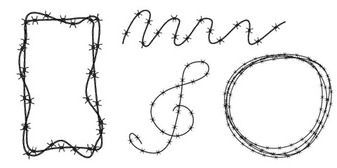 Twisted barbed wire silhouettes set in rounded and square shapes. Vector illustration of steel black wire barb fence frames. Concept of protection, danger or security