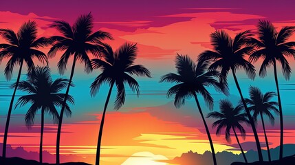Obraz premium Beautiful sunset over the ocean with palm trees in the foreground. Palm trees and ocean under a colorful tropical sunset sky.