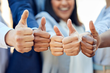 Thumbs up, success and diversity with business people for vote and feedback with group hands for...