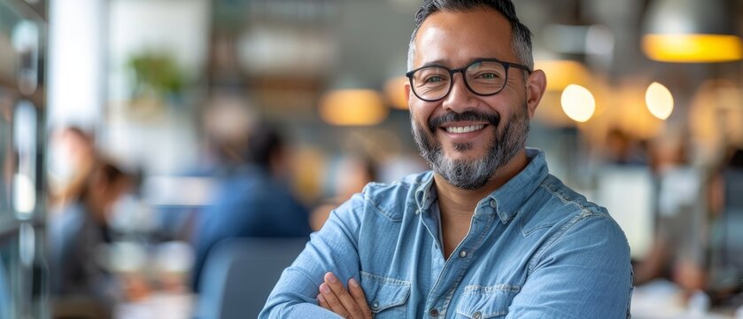 Portrait of a call center manager smiling as they oversee the office floor, ensuring a supportive and positive work environment
