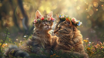 Beautiful Mother and Baby Cat Animals with Flowers

