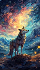 Obraz premium Digital painting of a wolf howling at the moonlight in the sky. Generative AI.