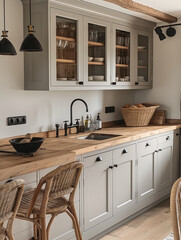 Fototapeta premium light grey Scandinavian kitchen cabinets with wooden bench tops, black knobs on the cabinets, cottage style