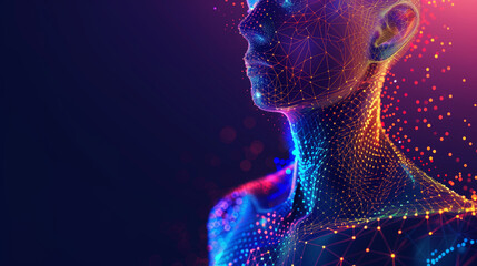 Futuristic digital representation of a human profile with vibrant mesh networks and particles