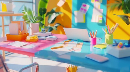 Colorful and creative workspace with a desk, computer, plants, and supplies in a bright and airy room.