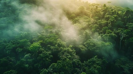A lush green rainforest canopy with mist and sunlight streaming through the trees.