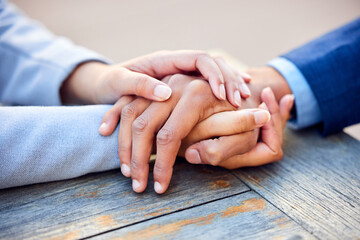 Hands, holding and business people with comforting outside for support with colleague or motivation. Together, work and consoling for job loss or grief with help for care with respect for coworker.