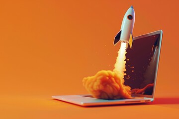 Rocket emerging from the screen of an open laptop, concept of startup, innovation, technology.