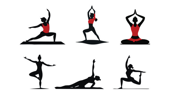 Set of silhouettes of woman doing yoga exercises. Black shapes of woman isolated on white background. 