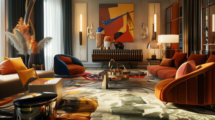 Elegant living space adorned with vibrant and stylish furniture pieces, reflecting modern aesthetics