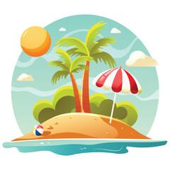 Tropical island with palm trees, sun and ball