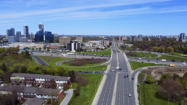 Drone view of traffic in Highway 401 and Victoria Park Avenue in Toronto, Canada