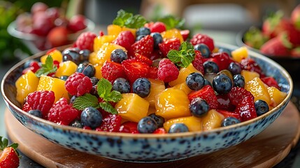 A symphony of colors and textures come together in a vibrant bowl of fresh fruit salad, each bite bursting with natural sweetness.