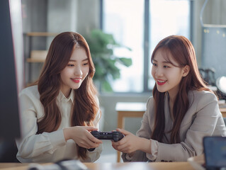 Two beautiful Korean women in an LGBTQ+ relationship in a modern office environment, both dressed in professional attire. They are taking a break and casually playing a console game together