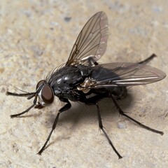 This is a photo of a fly. The fly is sitting on a brown surface. The fly has black and gray body, red eyes and transparent wings.