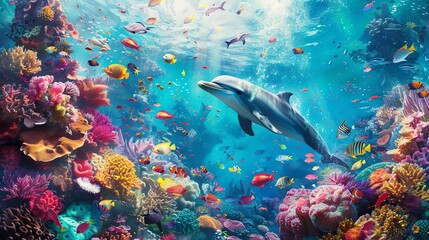 Underwater scene with a dolphin swimming over a coral reef.