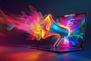 Colorful megaphone coming out of a laptop screen with sound waves, marketing, online advertising, advertisement.