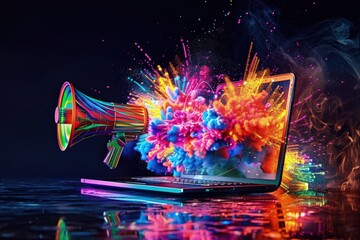 Colorful megaphone coming out of the screen of an open laptop with colored smoke, marketing, online advertising, advertisement.