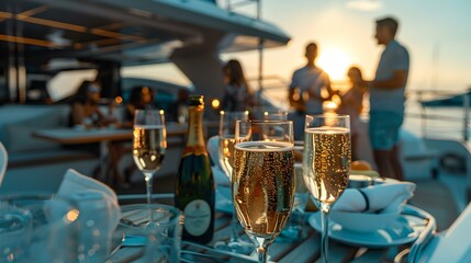 Elegant champagne toast on a luxury yacht at sunset, celebrating special moments