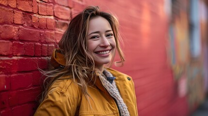 Naklejka premium Smiling young woman in yellow jacket by red brick wall - capturing urban joy