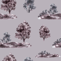 Landscape with field, meadow, bushes, trees, hills seamless pattern Watercolor monochromatic vintage rural nature clipart for packaging, wallpaper label Hand draw illustration Isolated grey background