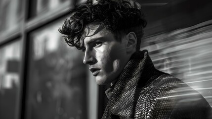 Stylish young man in a modern metallic jacket posing in urban setting