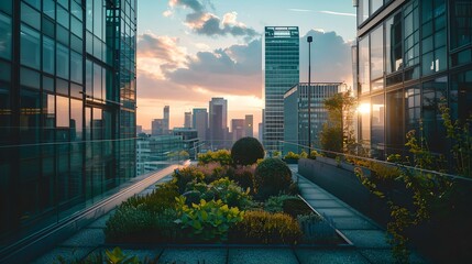 Serene urban oasis at sunset: lush greenery amidst modern cityscape