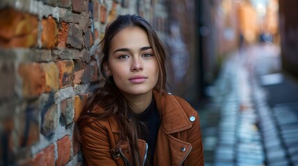 Young woman in brown leather jacket posing against brick backdrop