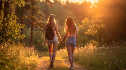 people walking with sunset