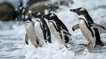 Fototapeta premium Group of african penguins walking by the sea shore, water splashing around