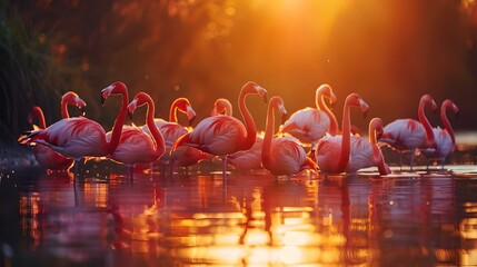 Flock of flamingos bathing in golden sunset by calm waters