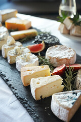 An enticing selection of gourmet cheeses arranged artfully on a slate platter, showcasing a variety of textures, flavors, and colors. 