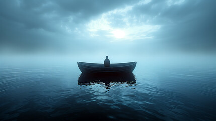 A lonely man standing in a boat in the middle of a lake. Dark overcast, foggy wheather.