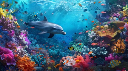 Fototapeta premium Underwater scene with a dolphin and a coral reef. The dolphin is swimming in the foreground, and the coral reef is in the background.