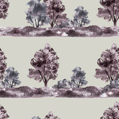 Watercolor landscape with field, meadow, bushes, trees, hills monochromatic striped seamless pattern. Vintage rural nature clipart for packaging label. Hand draw illustration. Isolated grey background