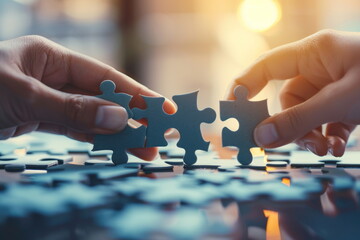 Fototapeta premium Hands join puzzle pieces, putting the jigsaws team together, business concept