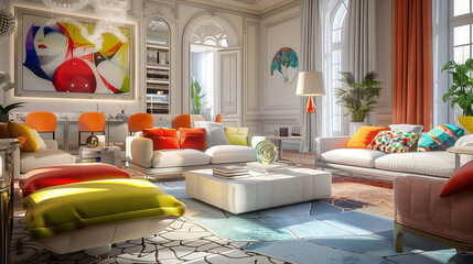 Luxurious living area furnished with colorful and classy furniture, exuding contemporary elegance
